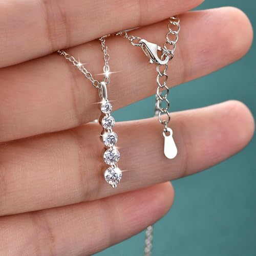 Moissanite Drop Pendant Necklace for Women, 0.92 CT 14K Gold Filled 5-Stone Round Pendant, Trendy Jewelry Gift for Wife Mother Birthday Anniversary Valentines Wedding - color: Silver