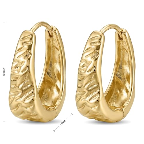14K Gold Plated Wide Chonky Hinge Hoop Earrings for Women, Ribbed Textured U-Shape Oval Hoops, Lightweight Dainty Hollow Jewelry Gift, Nickel-Free Hypoallergenic 25MM