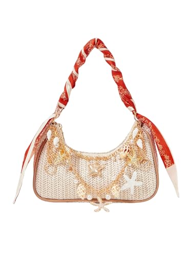 MakeMeChic Women's Straw Beach Purse Seashell Beaded Shoulder Handbags Summer Vacation Bags - color: Multicolor E
