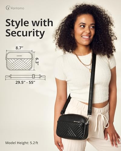 Vantamo Premium Quilted Crossbody Bags for Women with Anti-Pickpocket Clip, Vegan Leather Handbags, Travel Purses for Women - color: Black With Faux Leather Strap