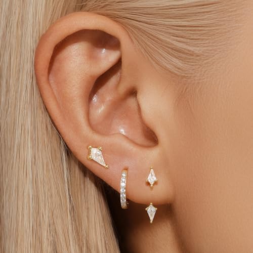GEORGE · SMITH Stackable Kite Stud Earrings Set for Women, Gold & Silver Huggie Birthstone Jewelry with Emerald Green & Blue Sapphire, Trendy Earrings for Women 2025 - color: gold kite stud