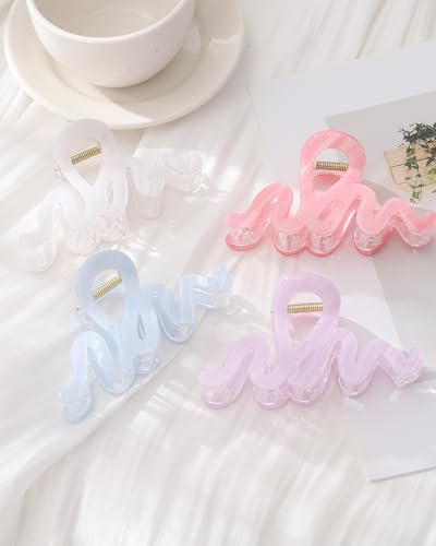 4Pcs Large Hair Claw Clips, Nonslip Cute Jelly Hair Clips for Thick Hair and Long Hair - color: Wave-White + Purple + Pink + Blue
