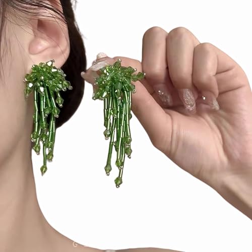 Native Beaded Tassel Earrings Boho,Fringe Drop Statement Seed Bead Tribal Dangle Earrings for Women - color: Green