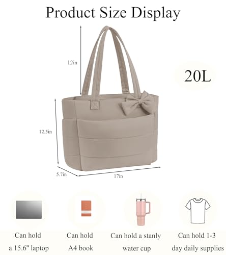 CTWWFS Puffer Tote Bag for Women, Quilted Bow Tote Bag with Cup Holder & 15.6 In Laptop Compartment for Work, Travel, Gym - color: Light Brown