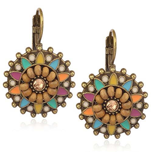 Unique Bohemian Vintage Sparkly Crystal Colorful Round Flower leverback earrings Boho Retro Bronze Circle Beaded Flower Floral Dangle Drop Earrings for Women - color: Colorful