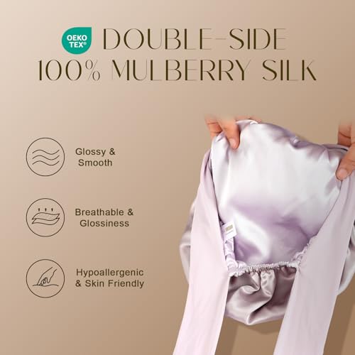 ZIMASILK 100% Mulberry Silk Bonnet for Sleeping Women Long Hair Double Layer Silk Hair Wrap with Tie Band Stay On Head (1Pc, Purple) - color: Purple