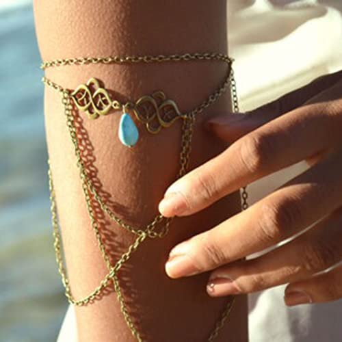 Multilayer Turquoise Arm Chain Boho Upper Arm Bracelet Vintage Hollow Flower Armlet Gold Drop Tassel Armband Summer Beach Arm Bracelet Jewelry for Women