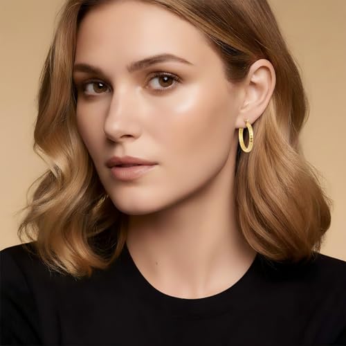 Gold Plated Hoop Earrings for Women 14K Gold Plated Earrings for Women Hypoallergenic Lightweight Wrinkle Texture Earrings Womens 20mm/25mm/30mm - size: 30mm