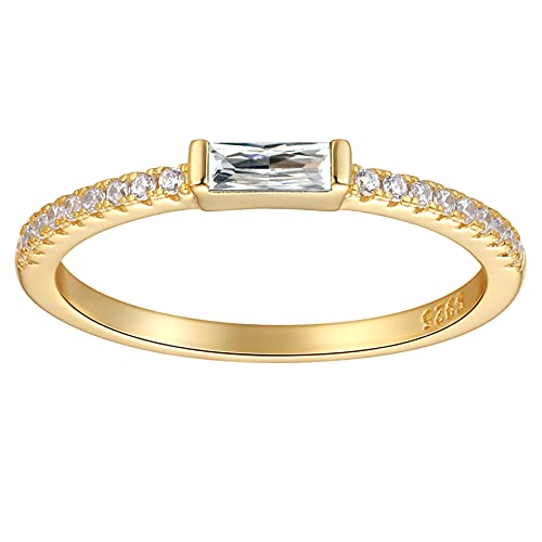 espere Minimal Dainty Baguette Wedding Band Ring | Lab-Created Emerald Cut Cubic Zirconia Stacking Ring | Anniversary Band for Her - color: Clear CZ - Gold