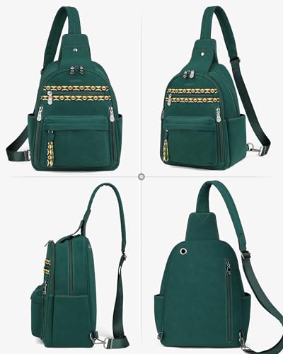 FADEON Large Sling Bag for Women, Leather Crossbody Purse Designer Anti Theft Sling Backpack, RFID Fanny Packs for Travel - color: Dark Green Nubuck Style