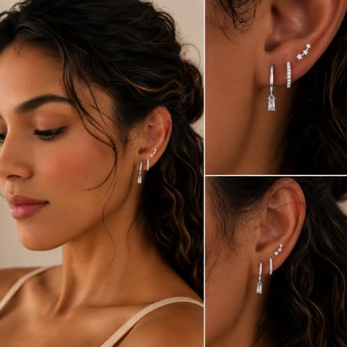 Poxtex Small Sterling Silver Huggie Hoop Earrings Set for Women, Hypoallergenic 14K Gold Plated Hoops Stacks for Multiple Piercings, Dainty Cute Mini Lightweight Cartilage Studs Trendy Jewelry Gift - color: Silver-dangle climber