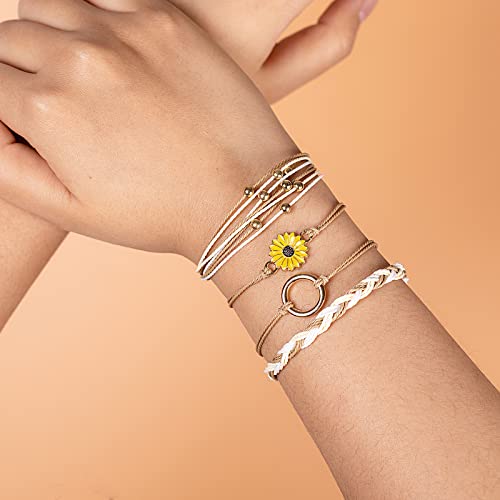 FANCY SHINY Easter Gifts Basket Stuffers Sunflower String Bracelet Boho Braided Rope Wrap Bracelets Cute Summer Beach Surfer Jewelry for Women - color: Sand