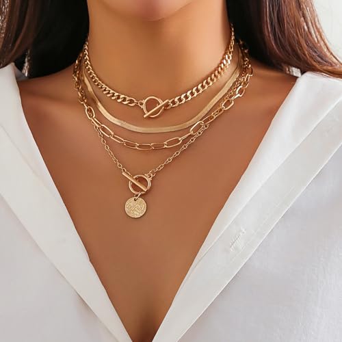 Gold Stack Necklace Chunky Necklaces for Women Trendy Coin Pendant Long Necklaces Western Jewelry for Women Cowgirl Cowboy Chic Country Outfit Boho Accessories Birthday Jewelry Gifts - color: F Gold Paperclip Chain Necklaces