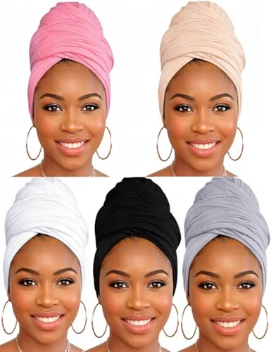 Head Wraps for Black Women, Breathable Headwrap Soft Long Hair Wraps Wide Headscarves for Locs Braids - color: 5pcs-(black,white,light Grey,beige,pink)