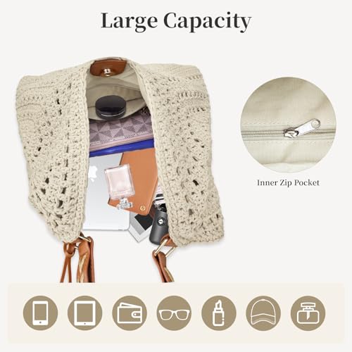 Crochet Beach Tote Bag for Women 2026 Woven Shoulder Bag Summer Handmade Boho Purse Crochet Handbags - color: Beige