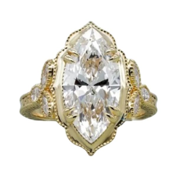 Silvart 3 Ct Marquise Cut Diamond Antique Art Deco Cathedral Vintage Milgrain Floral Engagement Ring For Women 14K Yellow Gold Plated Engraving Wedding Bridal Ring 925 Sterling Silver Handmade Ring