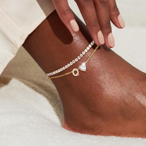 Gold Initial Ankle Bracelets for Women Waterproof 14K Gold Filled Layered Anklets for Women Non Tarnish Women's Anklets Adjustable Large Ankle Summer Beach Foot Jewelry - style: Gold-Q