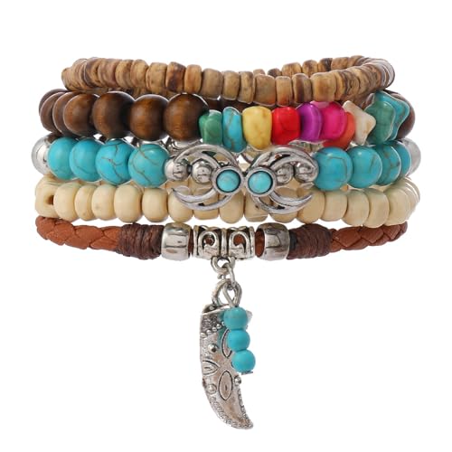 Western Turquoise Beaded Bracelet Stack - Vintage Cowgirl Stretch Set with Bull Skull, Feather & Boot Charms, Handmade Boho Jewelry for Rodeo, Country Concerts & Casual Western Outfits - style: 5