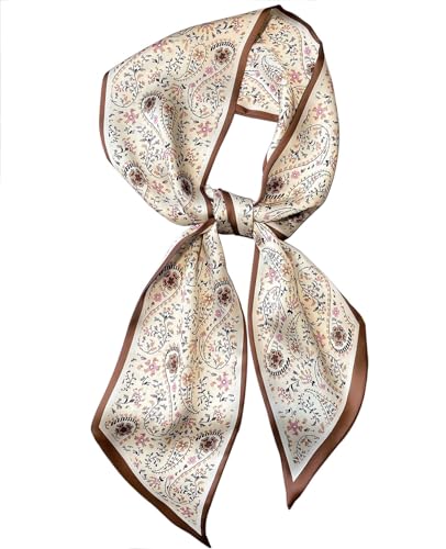 kcctoo 59” Long Silk Like Head Scarf Women's Fashion Square Neck Satin Scarfs for Bag Hair Scarves Gift 59 * 5.9” - color: D1 Coffee Flower Drop Shaped 59" X 5.9"