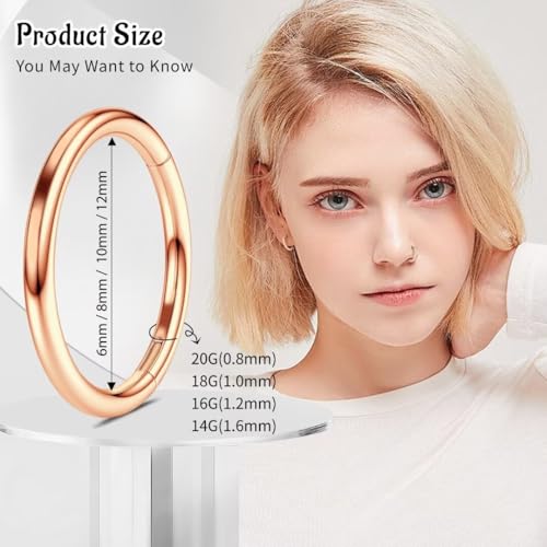 WBRWP 316L Stainless-Steel Piercing-Ring Hinged Nose-Rings-Hoop : 20G 18G 16G 14G Womens Body Pierecing Ring Segment Clicker Lip Rings Helix Cartilage Rook Earrings Diameter 6mm 8mm 10mm 12mm - color: 8pc set in rose gold color(each dia. 2 pc)