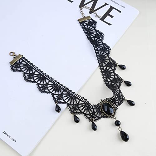 Boho Black Crystal Lace Choker Necklace Tassel Black Teardrop Necklace Choker Gothic Droplet Rhinestone Collar Necklace Retro Vintage Necklace Chain Jewelry for Women and Girls(Black A) - color: Black F