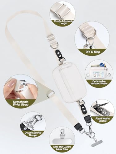 Tiostep Clip and Go Strap for Phone with Wallet Crossbody Phone Lanyard Adjustable and Detachable RFID Wristlet Wallet with ID Window and Zipper, Cream - color: Cream, size: Medium