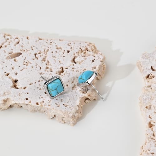 Tibetan Turquoise Earrings 925 Sterling Silver Post Stud Boho Gemstone Hypoallergenic Handmade Earrings for Women Trendy Fashion - style: Square