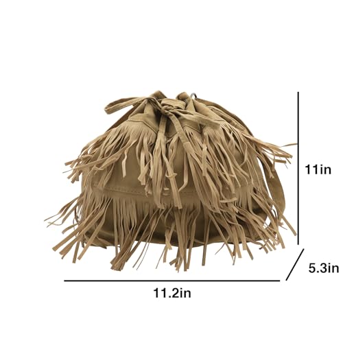 Fringe Hobo Purse Bags for Women Crossbody Purses with Drawstring Ladies Tassel Tote Shoulder Bucket Handbags,Khaki - color: Khaki (Barrel Shape)