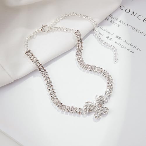 Gold Ankle Bracelets For Women Rhinestone Pendant Butterfly Tennis Anklet Bracelets Summer Foot Chain Jewelry - color: SilverB