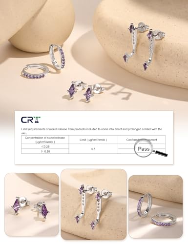 GEORGE · SMITH Stackable Kite Stud Earrings Set for Women, Gold & Silver Huggie Birthstone Jewelry with Emerald Green & Blue Sapphire, Trendy Earrings for Women 2025 - color: Silver,Purple CZ