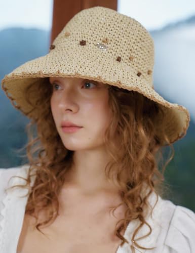 Women Straw Sun Hat Summer Beach Hats Foldable Floppy Cap Wide Brim Bucket Hat Solid Handmade Sun Protection Caps - color: Dot-beige