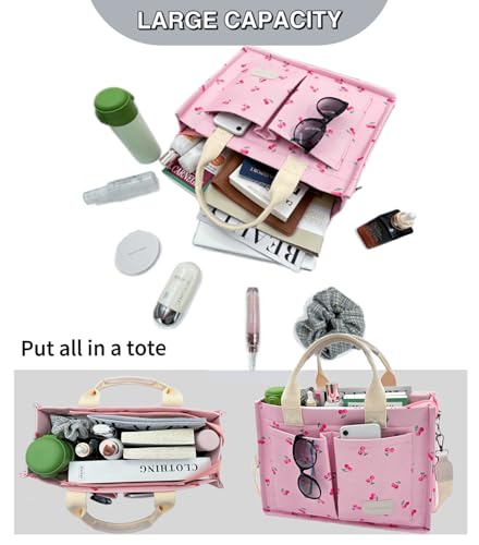 Large Canvas Tote Bag for Women Work Tote Bags with Pockets Laptop Crossbody Purses Everyday Bag Handbags for Travel - color: New Upgrade Plus Cherry Pink