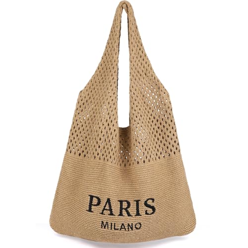 hatisan Crochet Bag for Women, Handmade Knit Beach Tote Bag Summer - color: Embroider-coffee