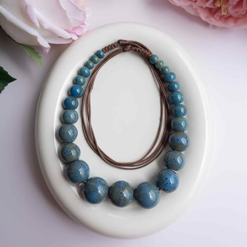 Boho Round Colorful Ceramic Beaded Necklace, Adjustable Hippie Statement Necklace, Handmade Ethnic Jewelry Gift for Women - color: Blue