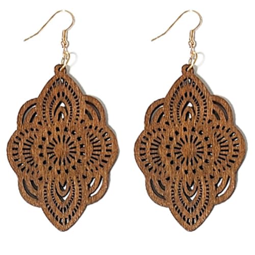Bohemian Wood Earrings Natural Retro Lightweight Hollow Pattern Geometric Wooden Dangle Drop Earrings Statement Vintage Jewelry - color: Brown Earrings