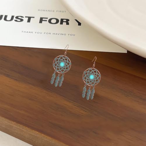 Boho Turquoise Drop Earrings Retro Long Copper Feather Tasse Metal Leaf Dangle Earrings Vintage Country Western Jewelry Cowgirl Ethnic Style Geometric Concert Festival Accessories for Women - color: Green Feather