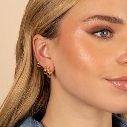 Poxtex Small Sterling Silver Huggie Hoop Earrings Set for Women, Hypoallergenic 14K Gold Plated Hoops Stacks for Multiple Piercings, Dainty Cute Mini Lightweight Cartilage Studs Trendy Jewelry Gift - color: Gold-chunky hoops 8 10 12