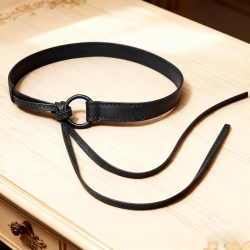 Knotted Waist Belt for Women PU Leather Thin Strap Belt for Dresses - color: Black