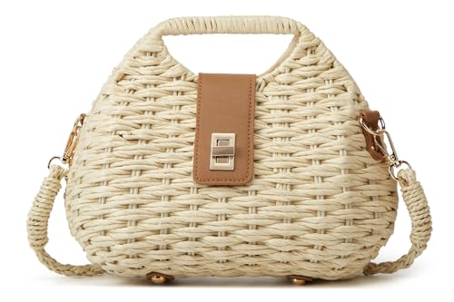 Handmade Straw Woven Bag Beach Clutch Purses Women Vacation Shell Shoulder Crossbody Summer Dumpling Handbag Basket Tote - color: A-beige