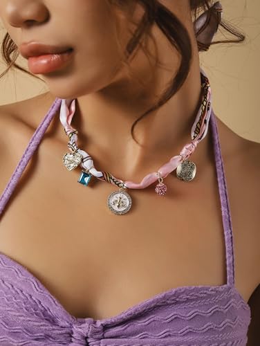 MINACHI Red Boho Charm Choker Necklace, Silk Cloth Band with Dangling Charms, Retro Festival Jewelry For Women - style: Bohemian