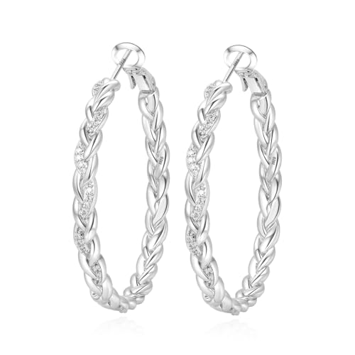 PABBEU Sterling Silver Hoop Earrings,Hypoallergenic Twisted Silver Hoops Earrings for Women Lightweight SilverHoop Earring with Cubic Zirconia (15/20/25/30MM) - color: Silver 2