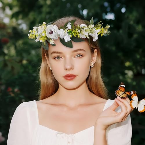 White Flower Crown Headband, Adjustable Bridal Boho Floral Headpiece, Fairy Woodland Forest Flower Headbands for Women Girls Maternity Birthday Wedding Festival Party Hair Accessory - color: Daisy White