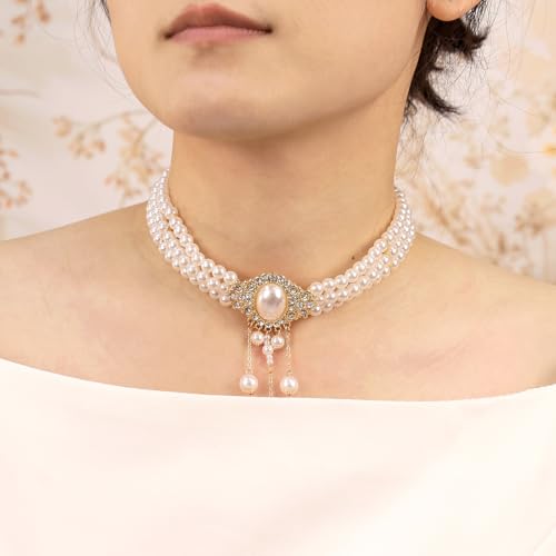 Bethynas Boho Layered Pearl Rhinestones Choker Necklace Vintage Chunky Pearl Crystal Pendant Short Necklace Chain Bridal Prom 1920s Costume Party Jewelry for Women - color: Pearl 2
