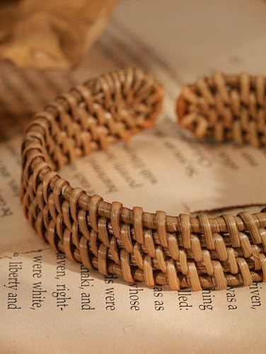 MINACHI Rattan Bracelet for Women, Handmade Lightweight Straw Wicker Braid Cuff Bangle, Adjustable Bohemian Woven Chunky Wrist Jewelry