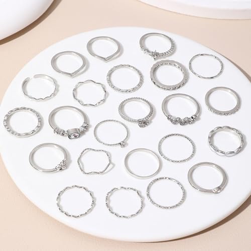 Gold Rings for Women Non Tarnish Stackable Rhinestone Moon Star Rings Dainty Stacking Pearl Butterfly Midi Pinky Thumb Joint Finger Knuckle Ring Set Gold Non Tarnish Jewelry Gifts Trendy Stuff - color: H Silver Stackable Rings 23Pcs
