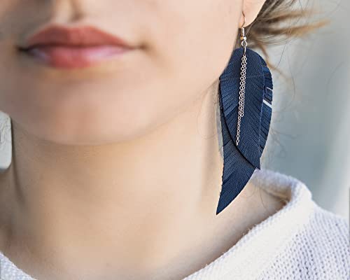 Black shiny Leather Feather Earrings for Women, Lightweight Minimal Boho Dangle Earrings, Small Simple Everyday Jewelry - color: Dark blue