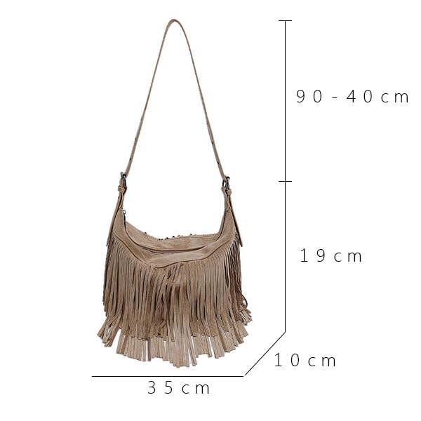 Fringe Genuine Suede Leather Hobo Bag Adjustable Crossbody Shoulder Bag Boho Retro Tassel Handbag Gift Box - color: Khaki
