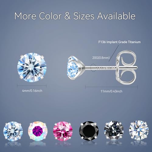 Moissanite Stud Earrings, G23 Hypoallergenic Titanium Stud Earrings for Women Men, Round Cut D Color VVS1 Clarity 18K White Gold Palted Multicolor Moissanite Jewelry, 0.6CT-3.0CT - color: Blue, size: (0.3ct*2)-4mm-0.6 Carat
