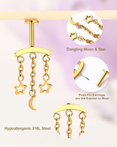 Crescent Moon Star Chain Vertical Hidden Helix Stud Earrings Dangle 316L Stainless Steel Flat Back Threadless Push-Pin Cartilage Rook Piercing Jewelry - color: gold