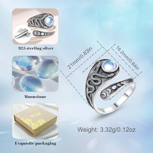 Vito 925 Sterling Silver Adjustable Open Spoon Ring for Women Men, Lotus Sunflower Snake Spoon Band Rings Feather Hug Witches Knot Inspirational Jewelry Gift for Wife - style: Snake